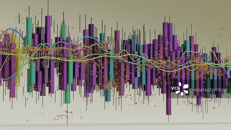 抽象城市景观数据可视化，包含彩色条形图和动态线条图片素材