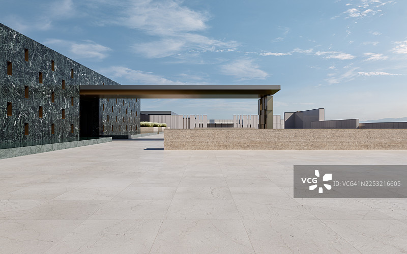 带遮篷和铺砌广场的现代建筑外观图片素材