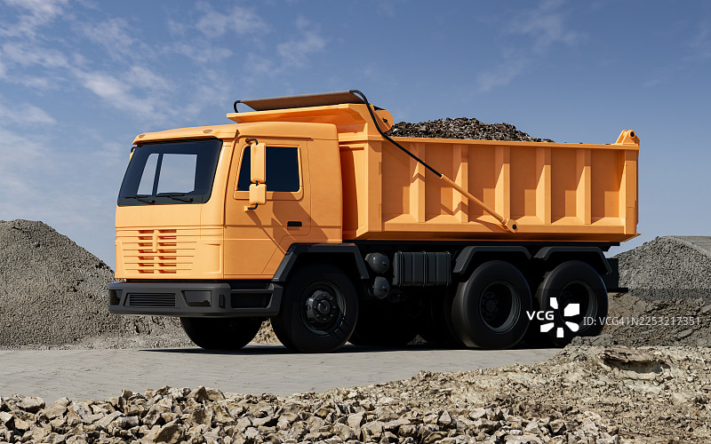 稀土产业价值链战略概念图解：工地上正在作业的满载碎石的黄色自卸卡车图片素材