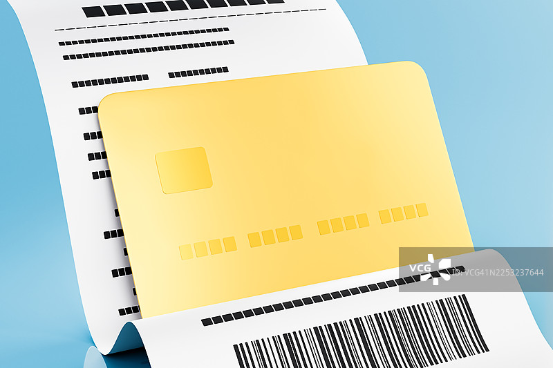 金色信用卡极简3D插画，放置在打印的财务文件和带有条形码的收据上，背景为蓝色。无现金支付、银行、账单、会计、金融科技服务和安全交易的概念。图片素材