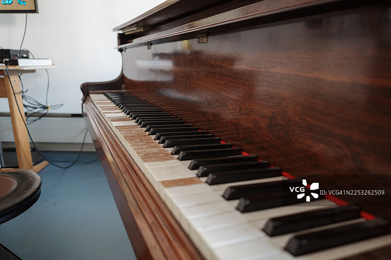 老式原声钢琴键盘的侧面特写镜头。图片素材