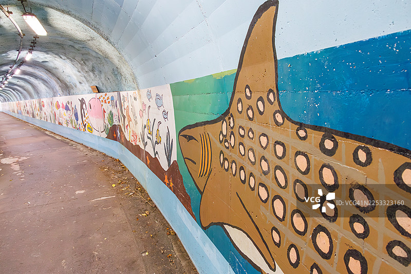 山间通道的隧道。由当地小学生绘制的插画装饰着隧道。这条隧道不是艺术品,而是一条普通的公共道路。图片素材