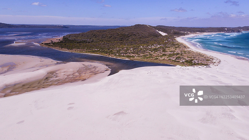 航拍风景优美的海岸线，有白色的沙丘、河流入海口和碧绿的海浪，背景是蓝天。图片素材