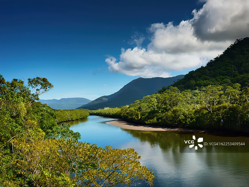 澳大利亚丹特里河，蜿蜒的河流穿过郁郁葱葱的绿色雨林山脉，蓝天白云下的风景图片素材