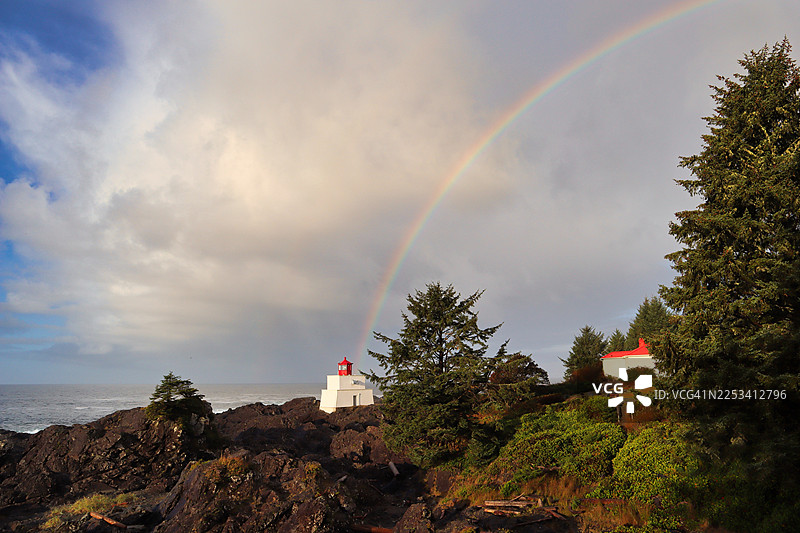 在加拿大，一道鲜艳的彩虹划过岩石海岸上的白色灯塔，上方是常青树和戏剧性的天空。图片素材