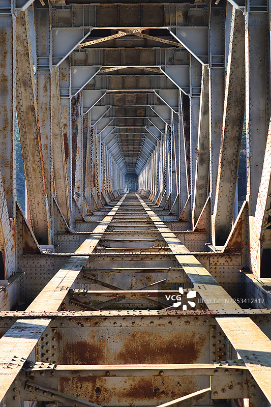 加拿大一座生锈旧金属桥结构的纵向视图，形成隧道般的视角图片素材