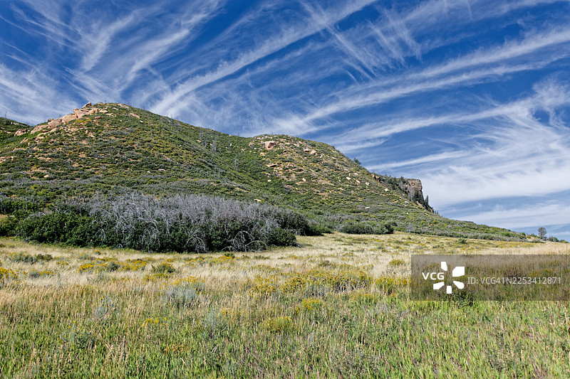 美国曼科斯莫尔菲尔德露营地路，郁郁葱葱的绿色山坡在蔚蓝的天空和缕缕白云下，风景优美图片素材