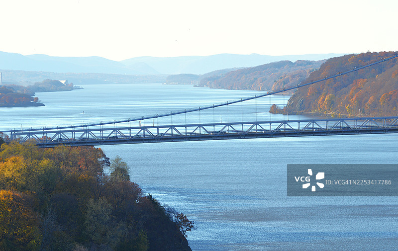 秋叶斑斓、远山含黛，晴空下的宽阔河流上横跨着一座悬索桥，俯瞰着美国波基普西的壮丽景色。图片素材