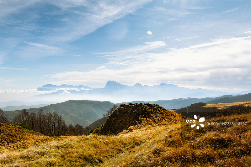 广阔蓝天下，薄云点缀，意大利罗卡圣玛利亚，切波，宏伟山峦与丘陵的全景图图片素材