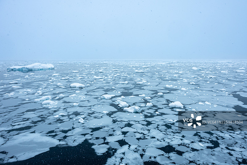 冬季，冰块漂浮在冰封的海洋上，映衬着苍白的天空，营造出一种寒冷与孤寂之感。图片素材