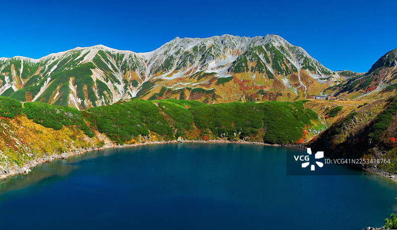 秋叶环绕、山峰壮丽的宁静山湖美景，在万里无云的蓝天下，巴基斯坦图片素材
