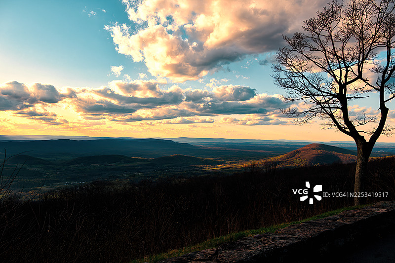 前景中的剪影树与壮丽山脉的戏剧性日落图片素材