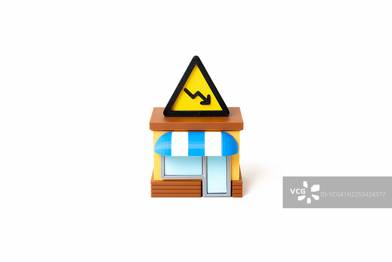 带有经济衰退警示标志的微型玩具店，背景为白色图片素材