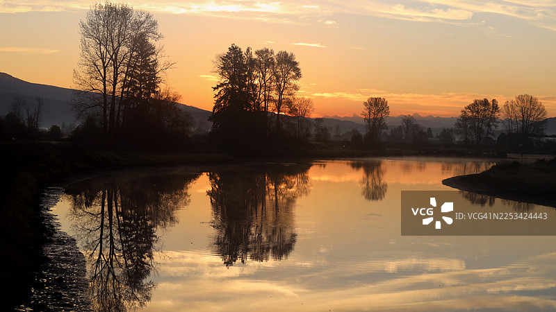 宁静的金色时刻，夕阳映照着平静的湖泊，树木的剪影和水中的倒影构成了一幅祥和的自然风景画图片素材