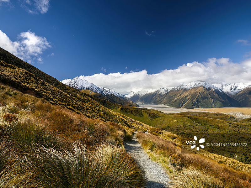 新西兰，开普勒步道，雪山与蜿蜒小路在云彩点缀的蔚蓝天空下的风景图片素材