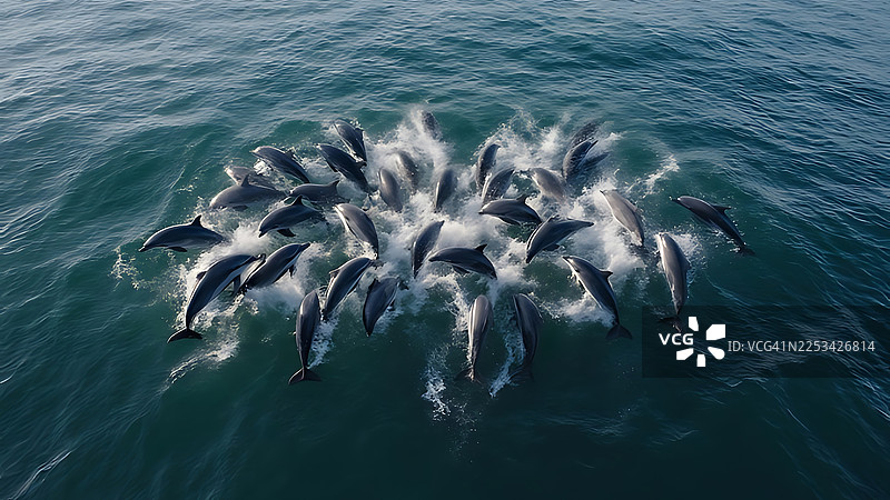 俯视视角，一群海豚在海洋中游泳和跳跃，激起蓝色水面的浪花图片素材