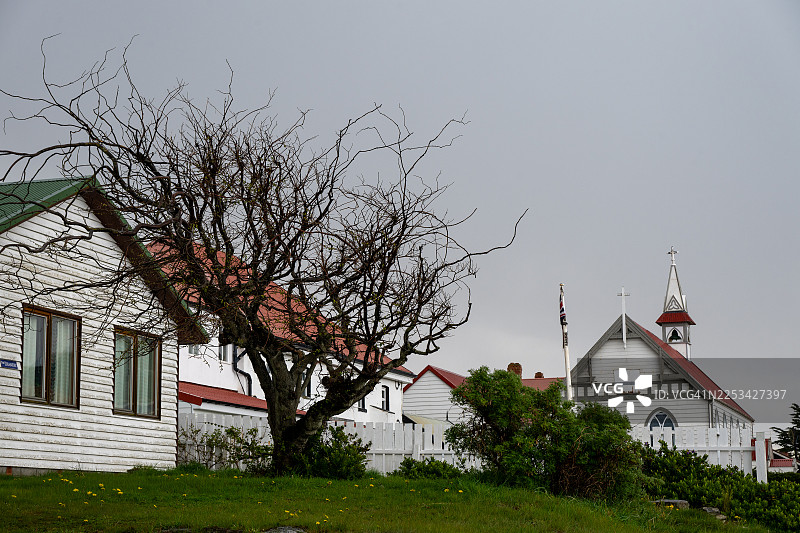 仰视角度拍摄，画面为晴空下的白色教堂和房屋，前景中有一棵光秃秃的树图片素材