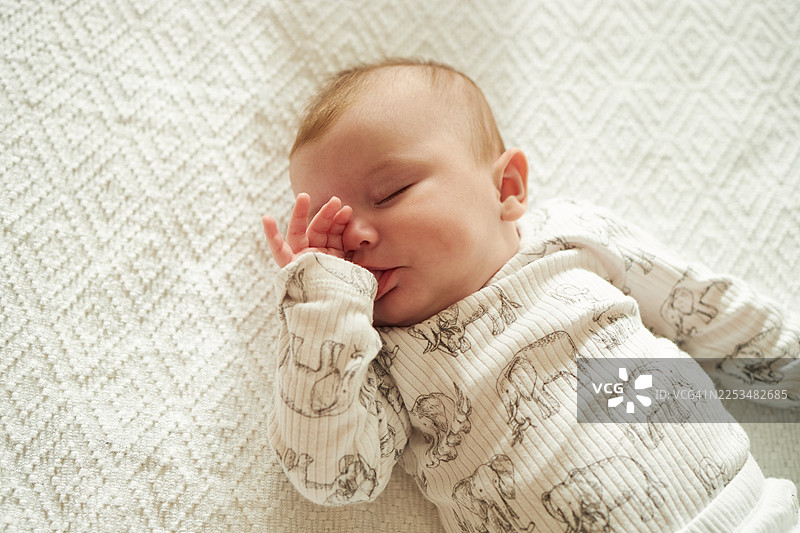 新生儿安详地睡在柔软的白色毯子上图片素材