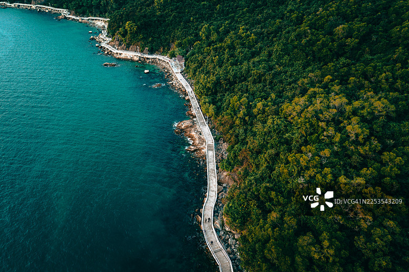 俯瞰视角展示了一条蜿蜒的海滨小路，旁边是郁郁葱葱的森林，与平静的蓝绿色海洋接壤。图片素材