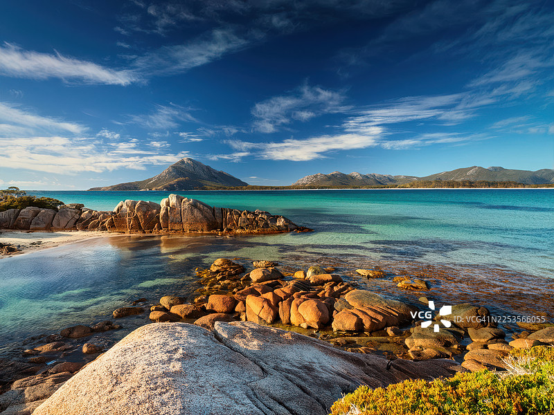 澳大利亚，沉睡湾，晴朗蓝天下宁静大海与岩石海岸线的风景图片素材