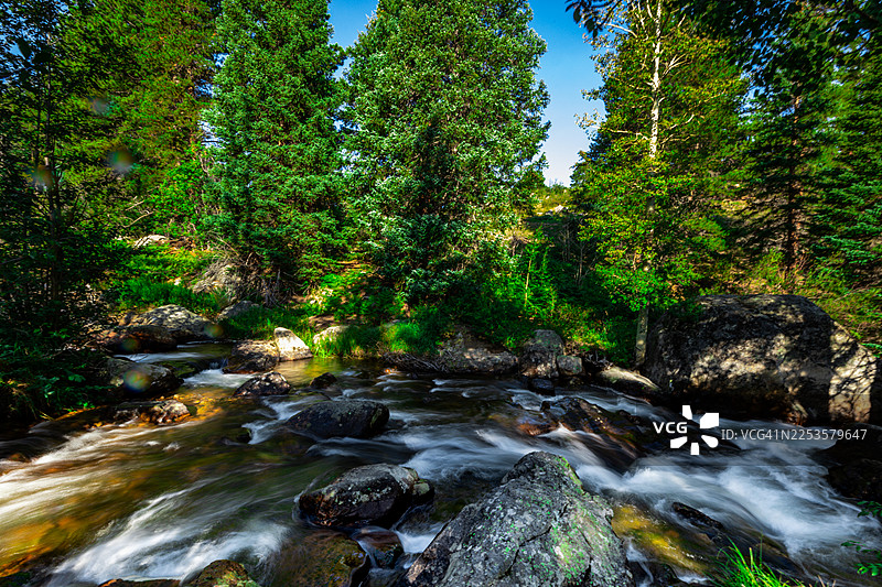 阳光明媚的夏日，一条湍急的溪流穿过岩石，在郁郁葱葱的森林中流淌，构成一幅绝美的风景画。图片素材