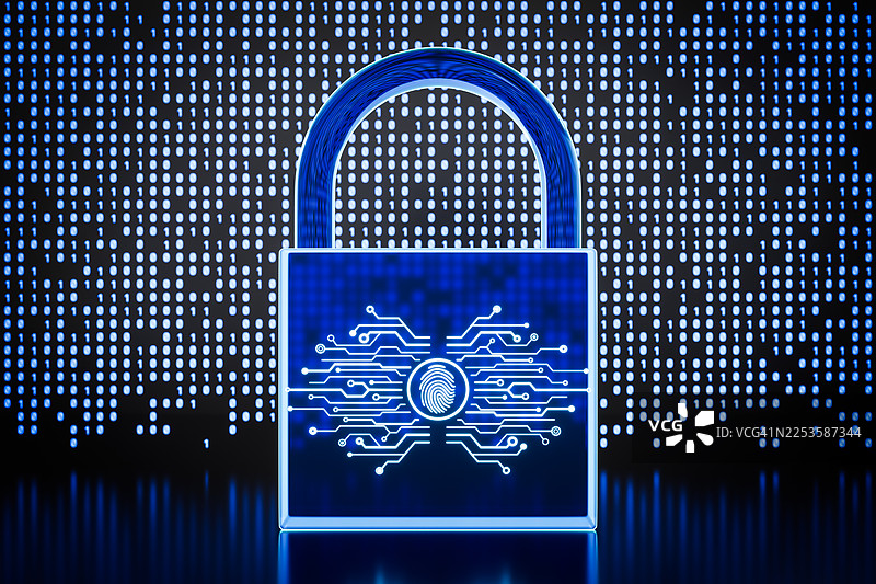 数字挂锁，带有指纹和电路线条，背景为发光的蓝色二进制代码。概念为网络安全、生物识别认证、数据保护、网络安全、加密、数字身份和安全的在线访问。图片素材