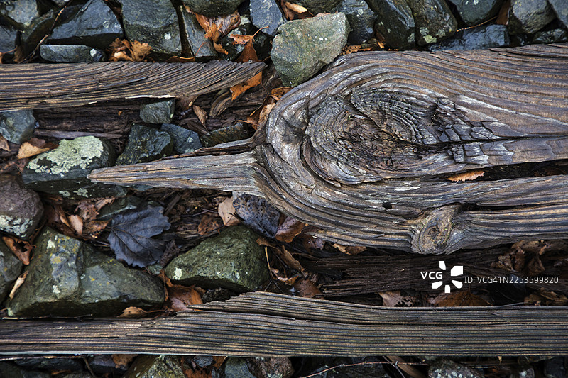 饱经风霜的旧铁路枕木,细节照片,位于德国梅克伦堡-前波美拉尼亚州,布雷泽维茨车站附近,兴斯特附近图片素材