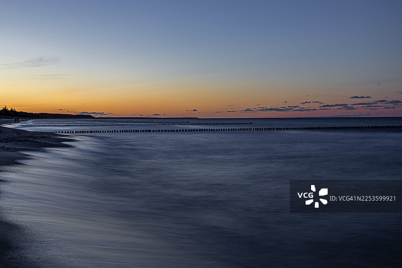 海上日落长曝光,德国梅克伦堡-前波美拉尼亚州,波罗的海菲施兰-达尔斯-津格斯特地区的津格斯特,西部波美拉尼亚泻湖区国家公园图片素材