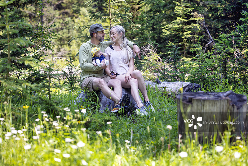 森林里，父母带着他们的婴儿坐在树桩上。图片素材