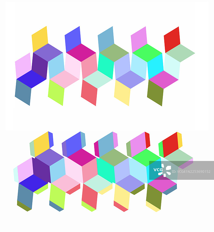 用于镂空设计的几何图形，彩色方形的几何图案，具有3D效果，背景为白色。图片素材