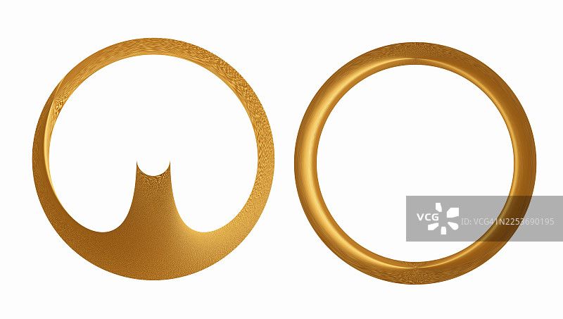 用于设计的圆形金色金属形状，在白色背景上抠出。图片素材