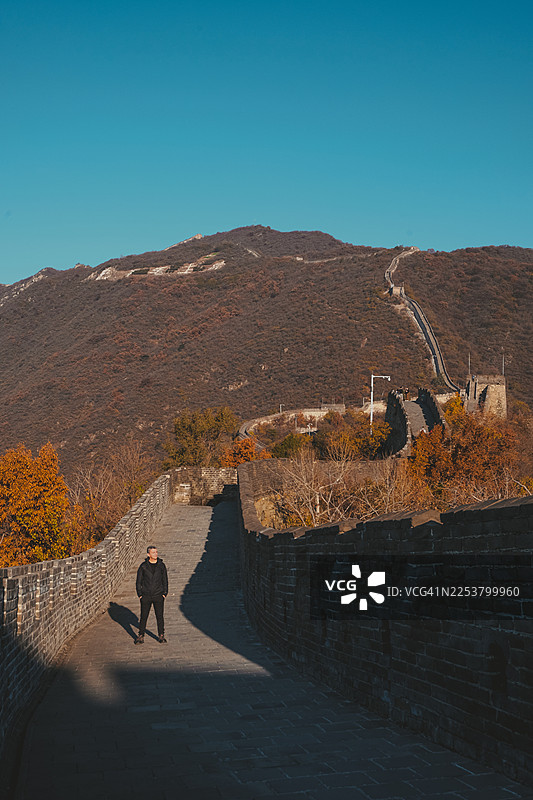 秋日晴朗，孤独的游客独自漫步在长城之上图片素材