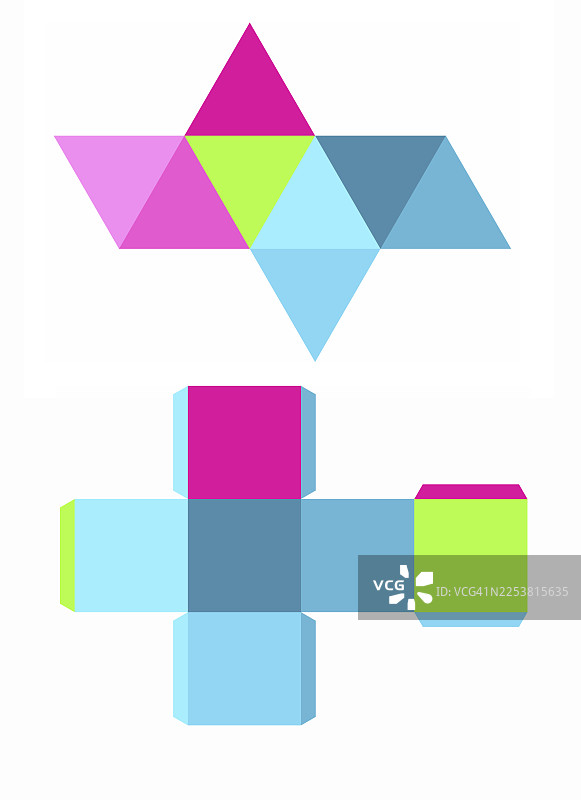 用于镂空设计的几何图形，彩色方块的几何图案，具有3D效果，背景为白色。图片素材