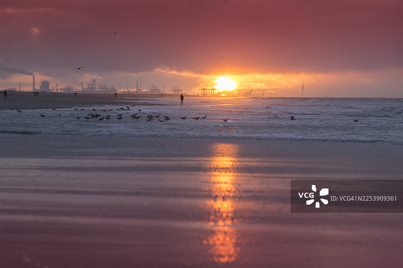 日落时分，人们走在Kijkduin海滩上，背景是马斯 लक्षात和欧洲港图片素材