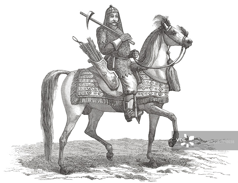 身着盔甲的中世纪骑士的古老雕版画图片素材
