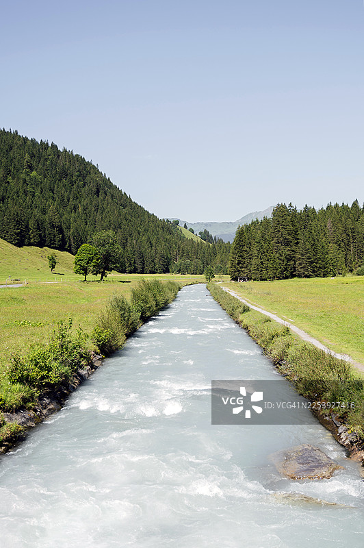 阿尔卑斯山河穿过绿色的山谷。罗森劳伊。瑞士图片素材