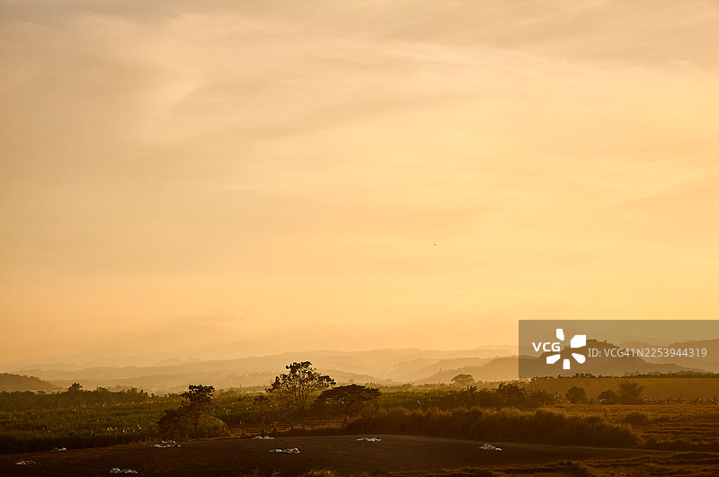 宁静的风景，远处是温暖的金黄色天空和朦胧的起伏山丘。图片素材