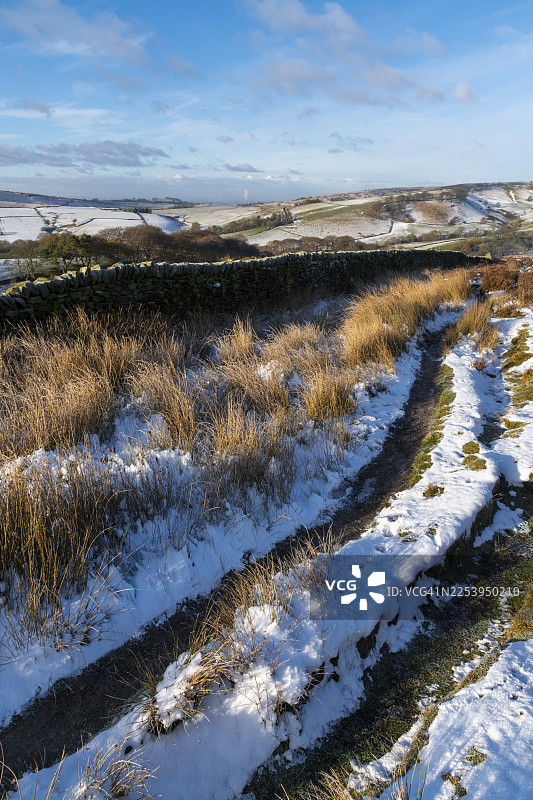 英格兰德比郡高峰区冬季荒原小径图片素材