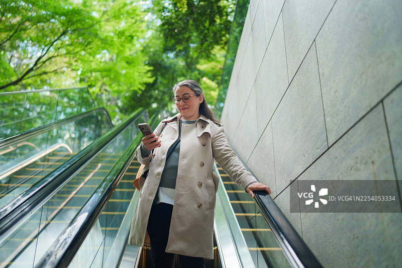 女商人乘电梯通勤，同时使用智能手机图片素材