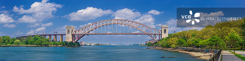 美国纽约，地狱之门大桥、东河与蓝天白云图片素材