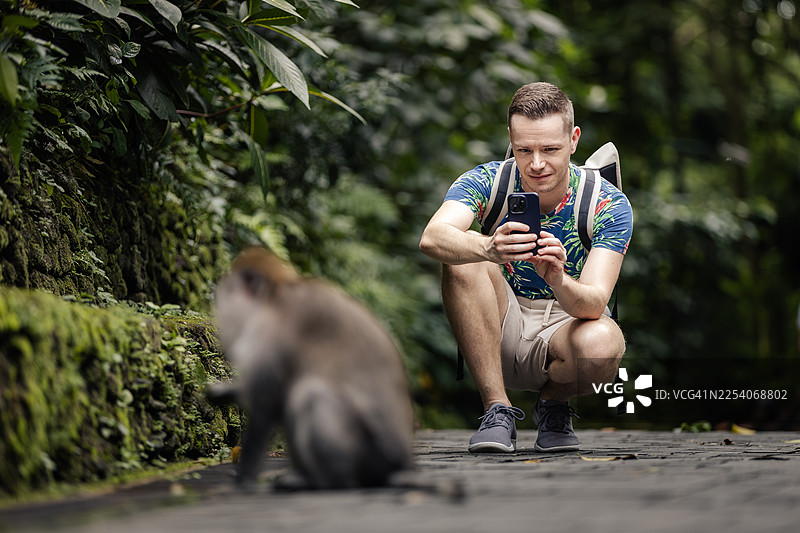 游客在巴厘岛猴林用手机拍摄猕猴图片素材