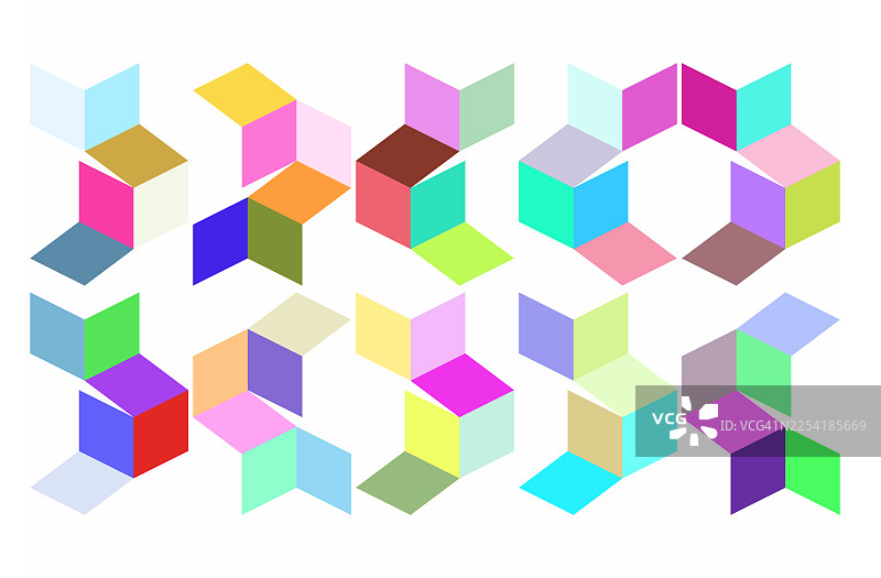 用于剪裁设计的几何图形，彩色方块的几何图案，具有3D效果，背景为白色。图片素材