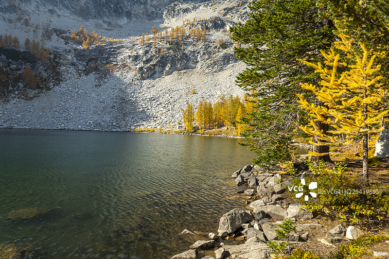 落叶松季节的上方鹰湖图片素材