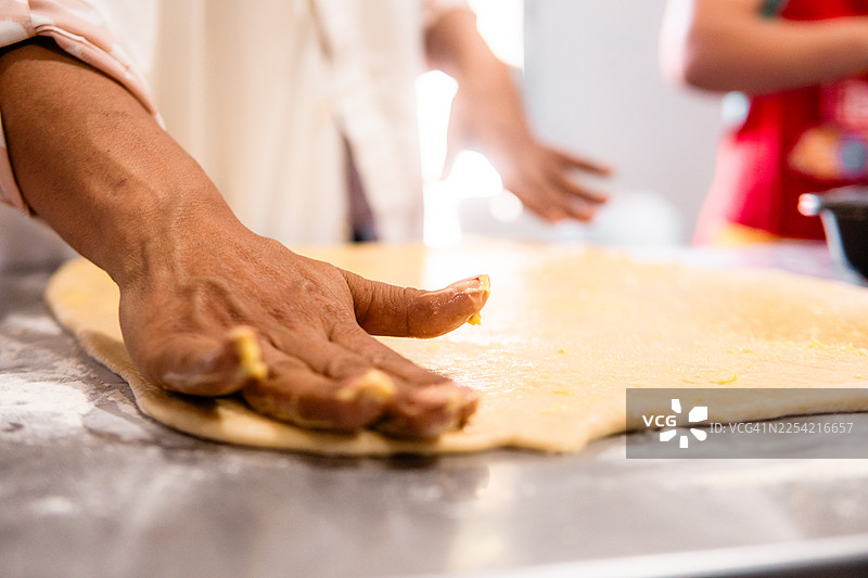 一个人用手摊开面团，准备制作甜点心图片素材