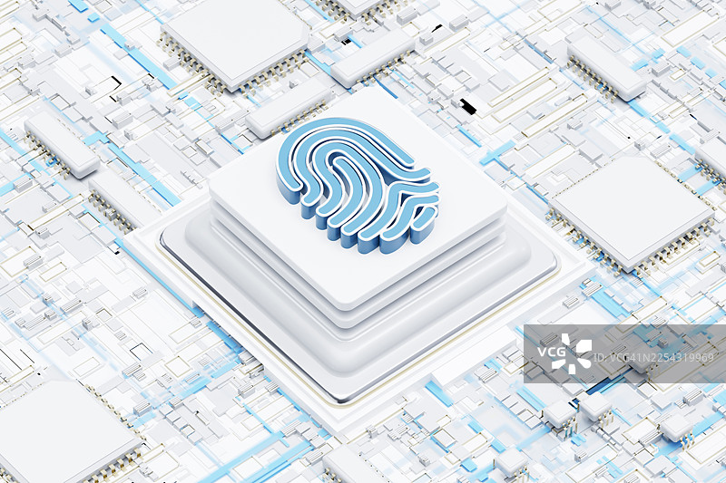 网络安全概念，带有主板芯片上指纹的数字数据保护图片素材
