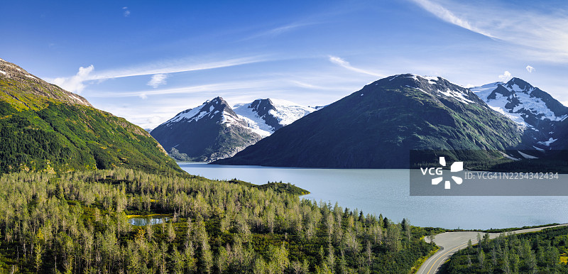 阿拉斯加楚加奇山脉的波蒂奇湖，有波蒂奇冰川公路的全景图图片素材