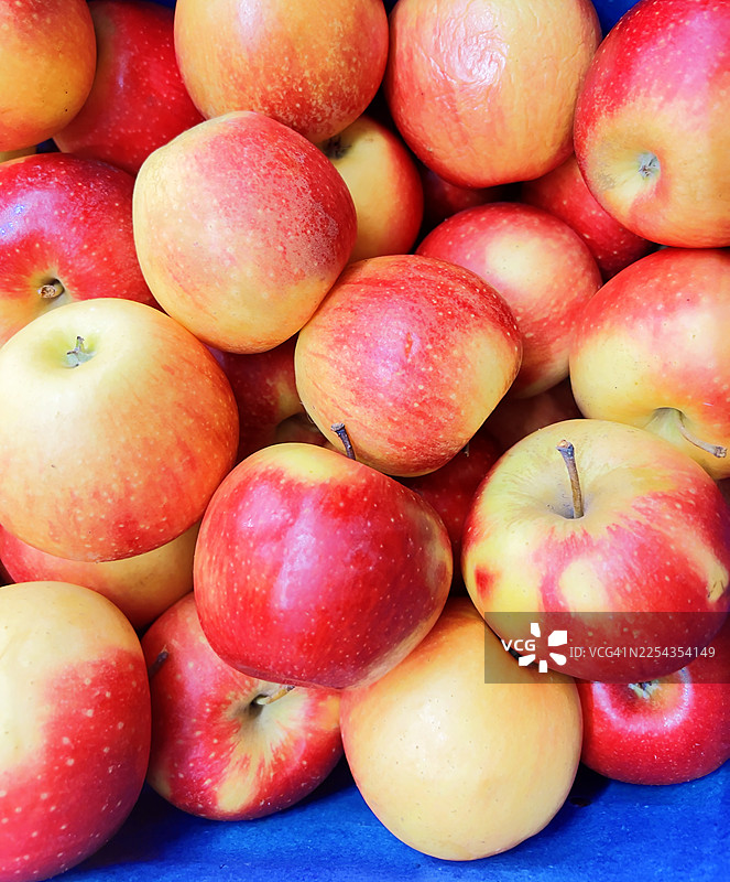 俯视角度拍摄，几只尚未完全成熟的苹果，呈现出红色和黄色。图片素材