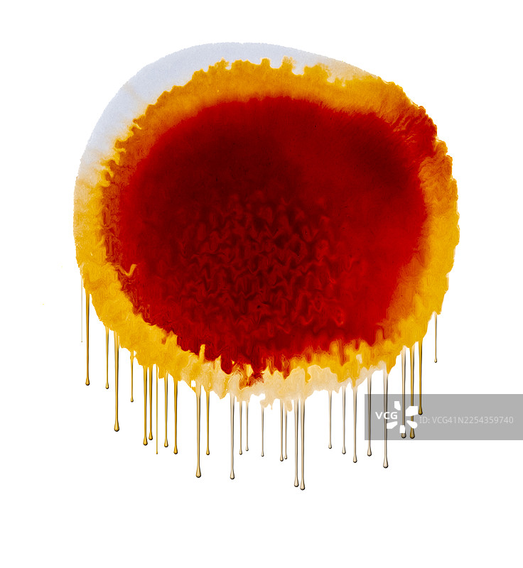 红色和黄色的墨水污渍，用于设计，滴落，在白色表面上抠出。图片素材