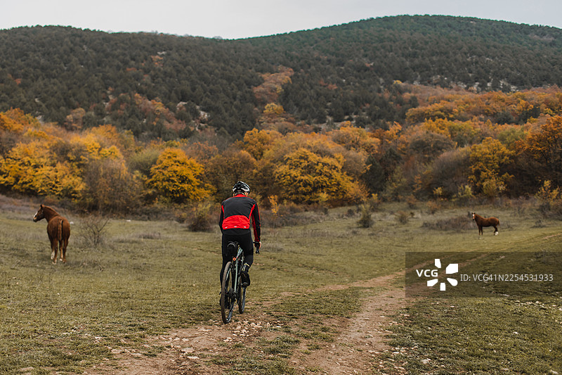 秋季在开阔的田野里骑行砂石公路自行车，远处有马匹和山峦。图片素材