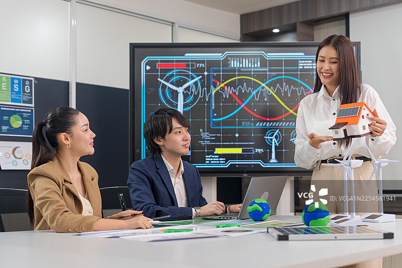 女商人会议中展示可持续能源解决方案。图片素材